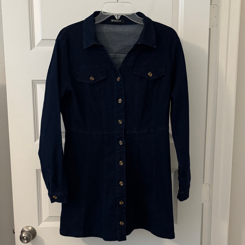 Allegra K Button Down Collar V Neck Long Sleeve A-Line Jean Denim Dress SZ Large